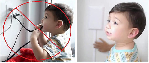 Child near wall showing No Shock Baby Proof Outlet Protector With Concealed Cords And Protective Clips 8 Foot Flat Extension Cord.