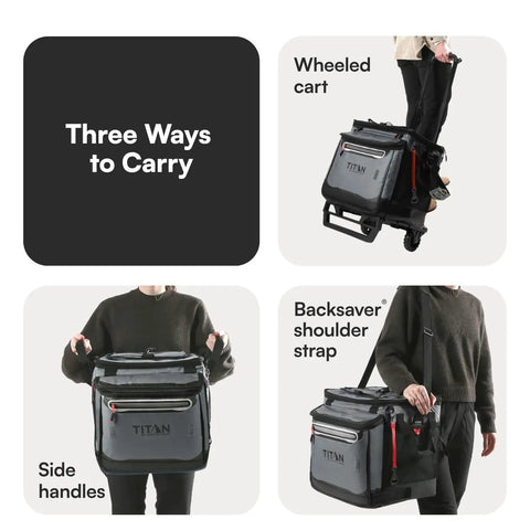 Three ways to carry Titan Collapsible Wheeled Soft Sided Cooler With Detachable Rolling Cart For Road Trip Ready Beach Picnics