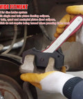 Brake Caliper Press Tool With Ratcheting Piston Spreader For Car Disc Brakes Includes Two Steel Plates And Four Caliper Hangers Pro Grade DIY Kit For Easy Pad Installation And Caliper Service in use during brake service, showing tool expanding brake caliper piston.