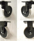 Heavy Duty 8 Inch Forged Steel Dual Wheel Caster Set With Kingpinless Swivel Directional Lock, showing black and silver wheels.