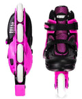 Side and front view of Adjustable Inline Skates For Kids With Four Size Expansion Urethane Wheels And ABEC5 Bearings Beginner Friendly