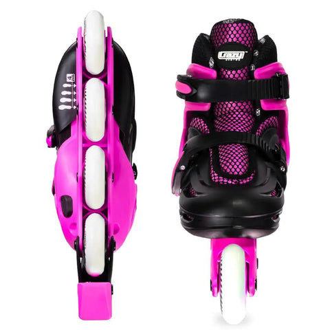 Side and front view of Adjustable Inline Skates For Kids With Four Size Expansion Urethane Wheels And ABEC5 Bearings Beginner Friendly