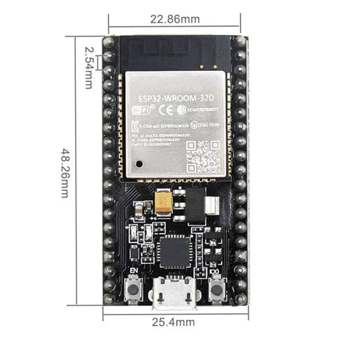 ESP32 Development Board With 2.4GHz WiFi And Bluetooth Dual Core MCU For Arduino IDE Low Power Ready For IoT Projects With AP STA And AP Plus STA Modes LWIP And FreeRTOS Support Safe Reliable Microcontroller showing dimensions