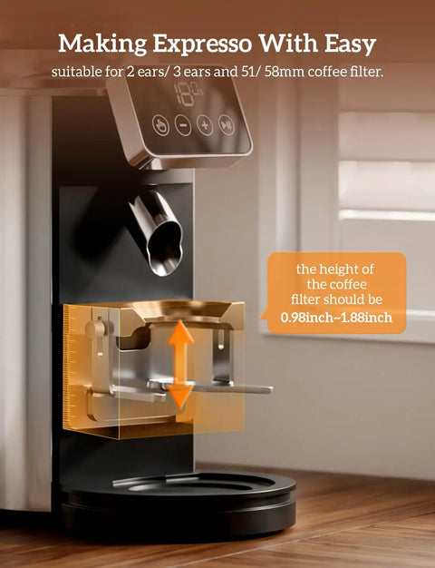 Premium Rock Solid Professional Conical Burr Coffee Grinder With Rust Proof Stainless Steel Body and Built In Portafilter Holder for espresso making.