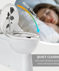 Elongated Toilet Seat Rose Resin for Bathroom Replacement with quiet closing feature, on a standard toilet with a floral design.