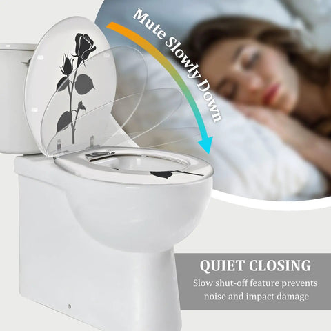 Elongated Toilet Seat Rose Resin for Bathroom Replacement with quiet closing feature, on a standard toilet with a floral design.