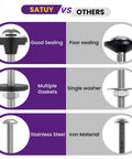Universal Toilet Tank To Bowl Gasket Kit With Stainless Steel Bolts And Two Gasket Types, Fits 2 Inch And 3 Inch Seals, No-Fuss Leakproof Mounting Repair, Easy Flush Valve Access, Compatible With Most Toilets. Comparison of good sealing, multiple gaskets, stainless steel