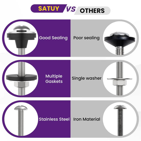 Universal Toilet Tank To Bowl Gasket Kit With Stainless Steel Bolts And Two Gasket Types, Fits 2 Inch And 3 Inch Seals, No-Fuss Leakproof Mounting Repair, Easy Flush Valve Access, Compatible With Most Toilets. Comparison of good sealing, multiple gaskets, stainless steel