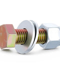 Beefy Five Eighths Inch Grade 8 Bolt Kit with lock nuts and washers for fifth wheel pin box installation, close-up view