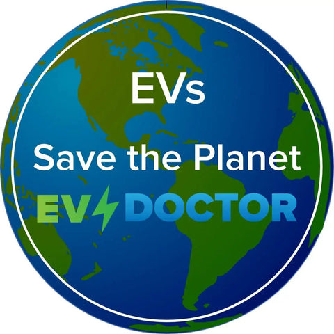 Graphic image with globe and text promoting EVs to save the planet by EV Doctor.