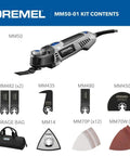 MM50-01 Multi-Max Oscillating Tool Kit Pro Grade with accessories including blades and storage bag, shown in kit contents layout.