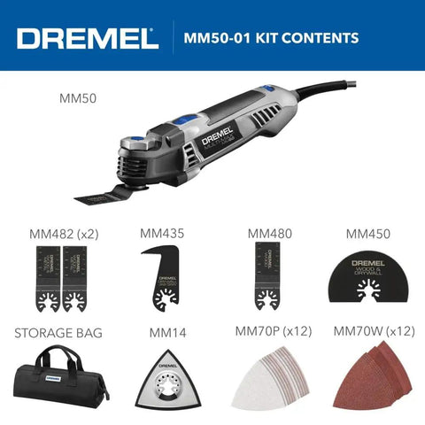 MM50-01 Multi-Max Oscillating Tool Kit Pro Grade with accessories including blades and storage bag, shown in kit contents layout.