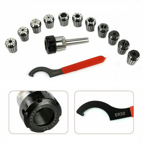 11 Piece ER32 Collet Set With MT2 Shank For Milling Machines Pro Grade Precision 0.0005 Tolerance Hardened Kit