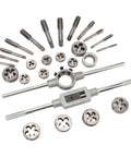 Pro Grade 27 Pc Metric Tap And Die Set M5 To M16 Coarse Fine Bearing Steel Threading Tool Kit For Auto Mechanic Repair And Heavy DIY Projects, taps and dies laid out