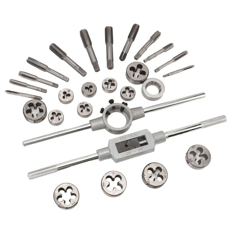 Pro Grade 27 Pc Metric Tap And Die Set M5 To M16 Coarse Fine Bearing Steel Threading Tool Kit For Auto Mechanic Repair And Heavy DIY Projects, taps and dies laid out