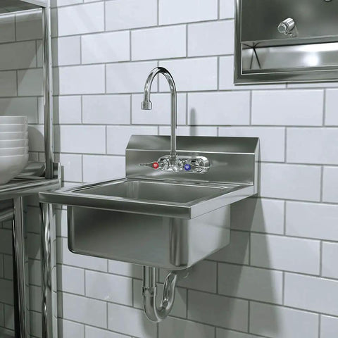 Wall Mount Mixing Faucet With 6 In Gooseneck Swivel Spout And Lever Handles, Chrome Finish, 4 In Centers, installed above kitchen sink.