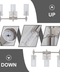 3 Light Brushed Nickel LED Vanity Light With Crystal Bubble Glass And Clear Glass Shades, 24 Inch Modern Bathroom Fixture