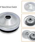 Torque Converter Kit For Go Kart And Mini Bike 30 Series With 6.5 HP 3/4 Inch Belt Drive Includes 10T To 41T Pulleys And 12T 35T Variant Clutch Replacement Set And Driver Pulley Fits Manco Comet TAV2 Small Engine Drive Belt. Front view of 3/4 inch bore driver clutch showcasing metal finish and internal components.