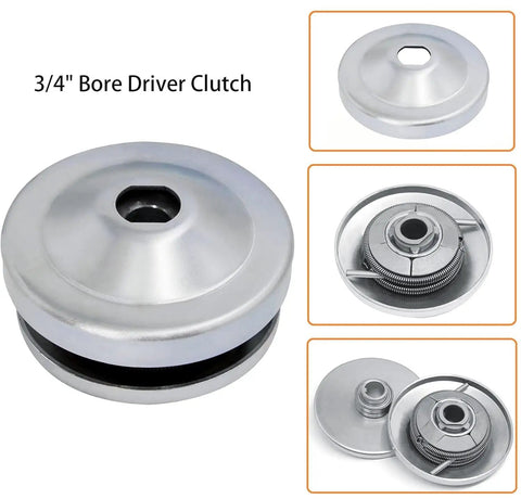 Torque Converter Kit For Go Kart And Mini Bike 30 Series With 6.5 HP 3/4 Inch Belt Drive Includes 10T To 41T Pulleys And 12T 35T Variant Clutch Replacement Set And Driver Pulley Fits Manco Comet TAV2 Small Engine Drive Belt. Front view of 3/4 inch bore driver clutch showcasing metal finish and internal components.