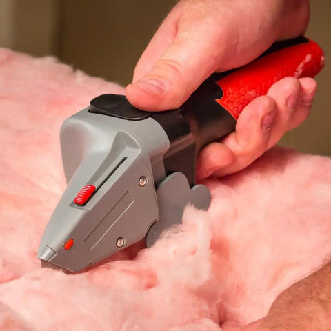 Hand using All in One Drywall Tool With Built In Tape Measure And Utility Knife Measure Mark And Cut Drywall Shingles Tile Carpet Foam Insulation And Wood For Rip Cuts Like A Pro DIY Handy Home Improvement Favorite on insulation