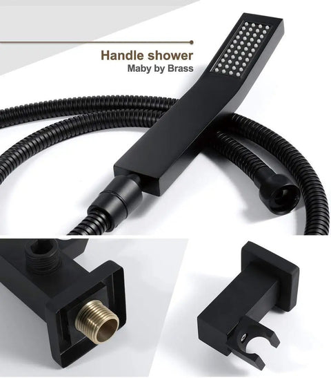 Slick Matte Black Wall Mounted Bathroom Shower Set with Solid Copper Body Constant Temperature Thermostatic Control with shower handle and hose.