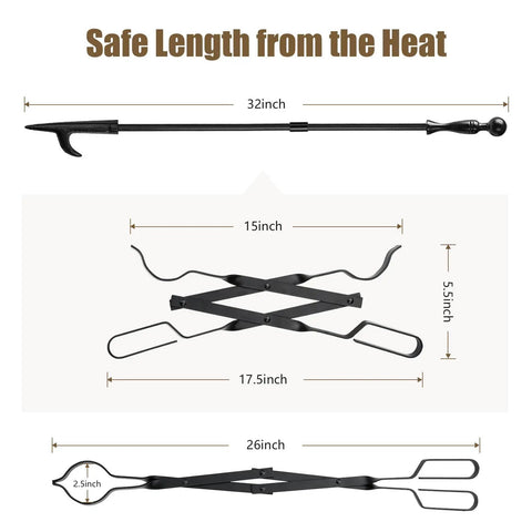 Beefy 32 Inch Fire Pit Poker And 26 Inch Fireplace Tongs Tool Set with dimensions shown for rust resistant campfire use
