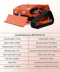 1.2-Ton Mini Excavator With Robotic Lawn Mower Digger featuring orange body and tracks, with table of specifications