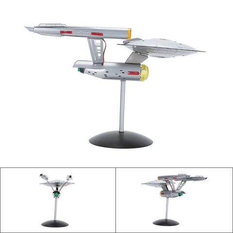 Lit LED Spaceship Model Kit For Display in One Thousandth Scale Lifelike Spaceship Ornament with Warm Light Easy To Assemble Plastic Display Figure For Hobbyists Perfect Desktop Decor For Collectors And Sci-Fi Fans Alike With A Rich Warm Glow And Durable, shown with base and support rod.