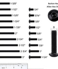 50 Pack 10-32 X 1 Inch Button Head Socket Cap Screws Stainless Steel 304 Allen Hex Drive showing various lengths and sizes.