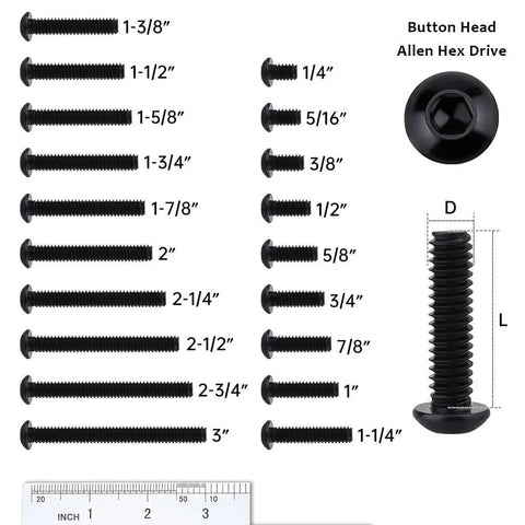 50 Pack 10-32 X 1 Inch Button Head Socket Cap Screws Stainless Steel 304 Allen Hex Drive showing various lengths and sizes.
