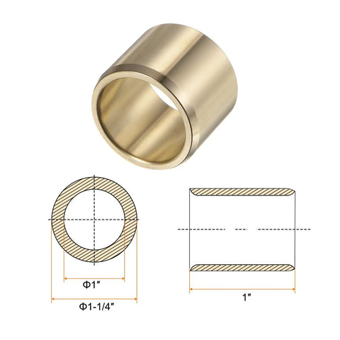 Two Pack Sleeve Bearings With 1 Inch Bore And 1.25 Inch Outer Diameter, 1 Inch Length Brass Alloy Oilless Bushings shown with diagrams