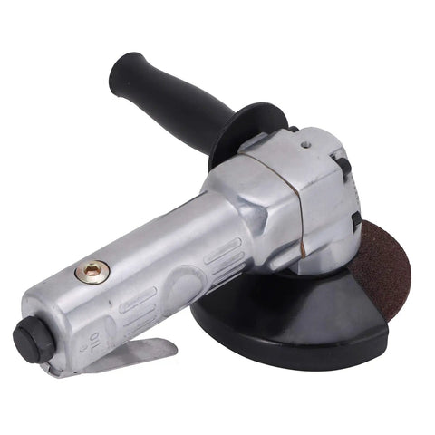 Rock Solid 4 Inch Pneumatic Air Angle Grinder With 11000 RPM Power And Heavy Duty Aluminum Housing Featuring A Secure Locking Switch.