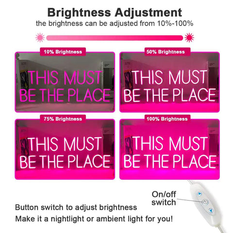 This Must Be The Place Neon Sign Pink Wall Decor For Bedroom And Party Vibes, brightness settings display with control switch