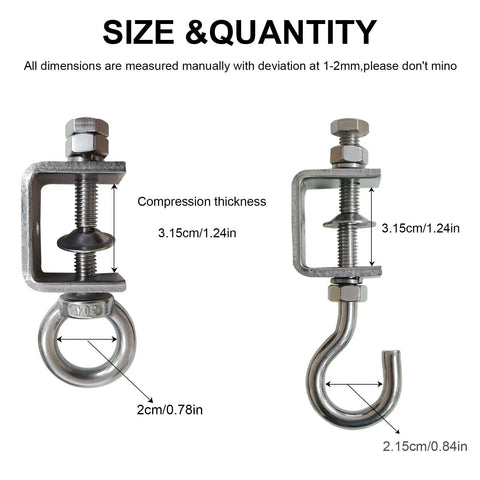 4 Piece Stainless Steel C Clamp With Ring Heavy Duty Hanging J Hooks For Pipe And Beam Clamps With Ring Holds Up To 100 Pounds Static Load Versatile Indoor Outdoor Use Ideal For Garage Workshop Ceiling Racks And DIY Projects showing dimensions and thickness measurements