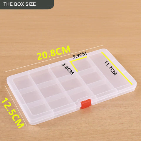 420 Piece Flat Head Phillips Wood Screws Assortment Kit, Zinc Coated Carbon Steel Self Tapping With Adjustable Countersink, transparent storage box size with measurements shown.