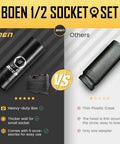 Comparison of Boen 1/2-inch socket to another, highlighting heavy-duty box and strong wall. Forty Five Piece One Half Inch Drive Metric Socket Set With Deep And Shallow Sockets Nine Through Thirty Two Millimeters Extensions Three Five Ten Inches Universal Joint And Three Eighths To One Half Inch Adapter Portable Case For Auto Repair.