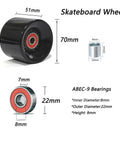 70Mm Longboard Wheel Set With 80A Hard PU, Preinstalled 608RS ABEC-9 Bearings And Spacers, Includes Riser Pads And Hardware Bolts, Durable Smooth Roll For Most Skateboards, Fits Any Deck Black, showing wheel dimensions.