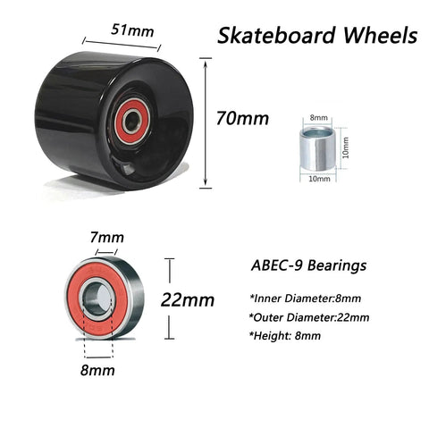 70Mm Longboard Wheel Set With 80A Hard PU, Preinstalled 608RS ABEC-9 Bearings And Spacers, Includes Riser Pads And Hardware Bolts, Durable Smooth Roll For Most Skateboards, Fits Any Deck Black, showing wheel dimensions.