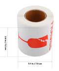 Red Fragile Warning Stickers With Strong Adhesive For Handle With Care Labels shown on a roll measuring 2.8 x 3.1 inches.