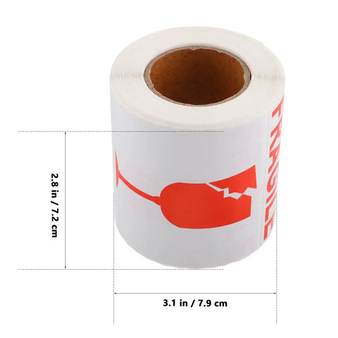 Red Fragile Warning Stickers With Strong Adhesive For Handle With Care Labels shown on a roll measuring 2.8 x 3.1 inches.