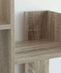 Close-up of wood veneer on cactus shaped four tier bookshelf with open cube shelves standing 61.4 inches tall, dope mid century modern display unit.