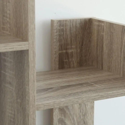 Close-up of wood veneer on cactus shaped four tier bookshelf with open cube shelves standing 61.4 inches tall, dope mid century modern display unit.