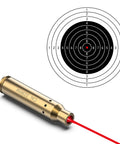 Red Laser Bore Sighter For 223 Rem And 5.56 NATO Calibers, Brass Build, shown with target for precise bore alignment