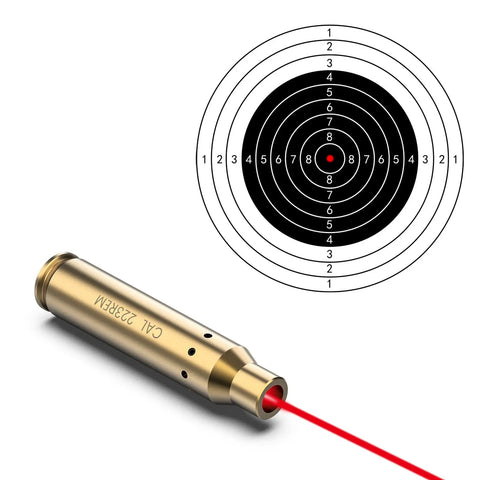 Red Laser Bore Sighter For 223 Rem And 5.56 NATO Calibers, Brass Build, shown with target for precise bore alignment