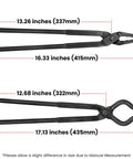 Beefy Pro Grade Knife Making Tongs And Hammer Set with Wolf Jaw and V Bit Tongs dimensions visible in inches and mm.