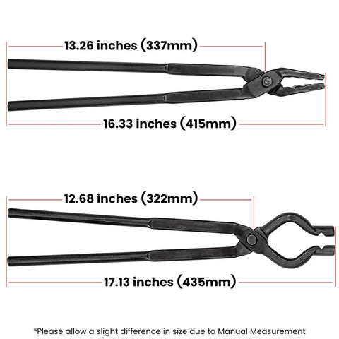 Beefy Pro Grade Knife Making Tongs And Hammer Set with Wolf Jaw and V Bit Tongs dimensions visible in inches and mm.