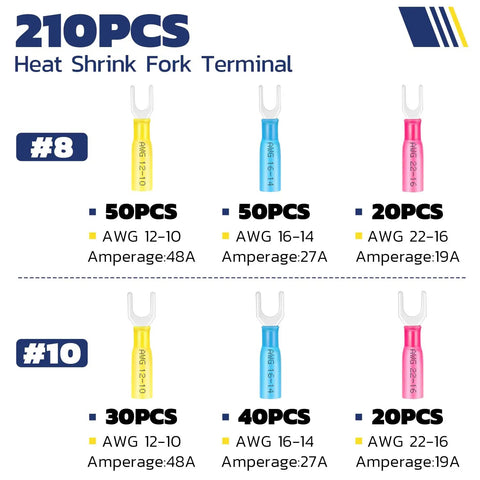 210 Piece Heat Shrink Fork Spade Connectors Set Waterproof Marine Grade U Type Insulated Terminals For 22 To 10 AWG Wires