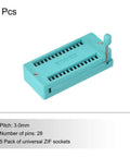 Universal 28 Pin Locking ZIF IC Test Socket With 3mm Pitch, teal plastic, 28 pins, for microcontrollers, 5 pack displayed