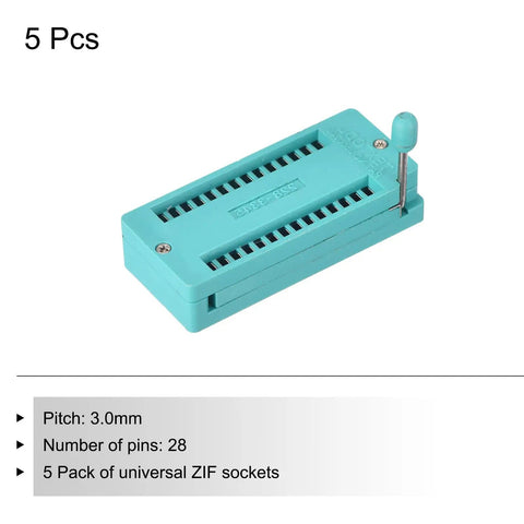 Universal 28 Pin Locking ZIF IC Test Socket With 3mm Pitch, teal plastic, 28 pins, for microcontrollers, 5 pack displayed