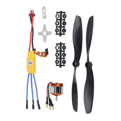 A2212 1400KV Brushless RC Drone Motor With 30A ESC for 2 to 3S LiPo power shown with props and connectors